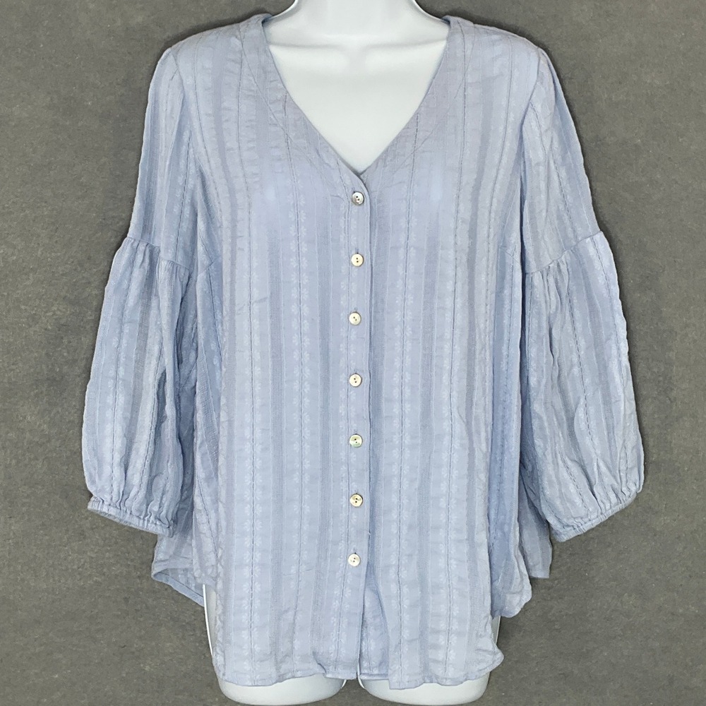 J Jill Button Down Blouse Balloon‎ 3/4 Sleeves Striped Blue Cotton Embroidery S